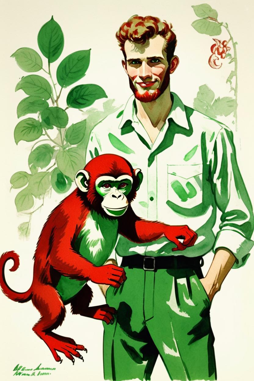 Artificial Intelligence (AI) generated image art, a vintage cartoon of ... with a cool monkey, red and green ink on white paper, hand colored, midcentury illustration in the style of Walter Lantz and in the style of Cecilia Beaux, art style