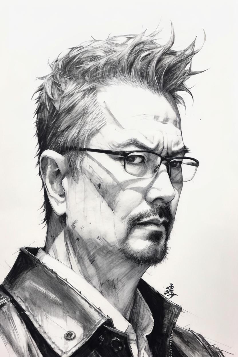 Artificial Intelligence (AI) generated image art, ..., yoji shinkawa, b&w, pencil drawing, ink, manga, concept art