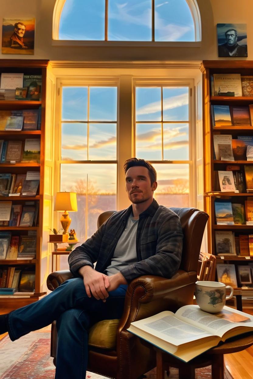 Artificial Intelligence (AI) generated image art, Craft a photo-realistic image of ... in a cozy, artistic indoor setting, surrounded by books and paintings. The room is bathed in the golden glow of sunset light coming through a large window, creating a bokeh effect with the interior details. I’m seated in an armchair, looking up from a book with an inspired expression, encapsulating a moment of creative introspection.