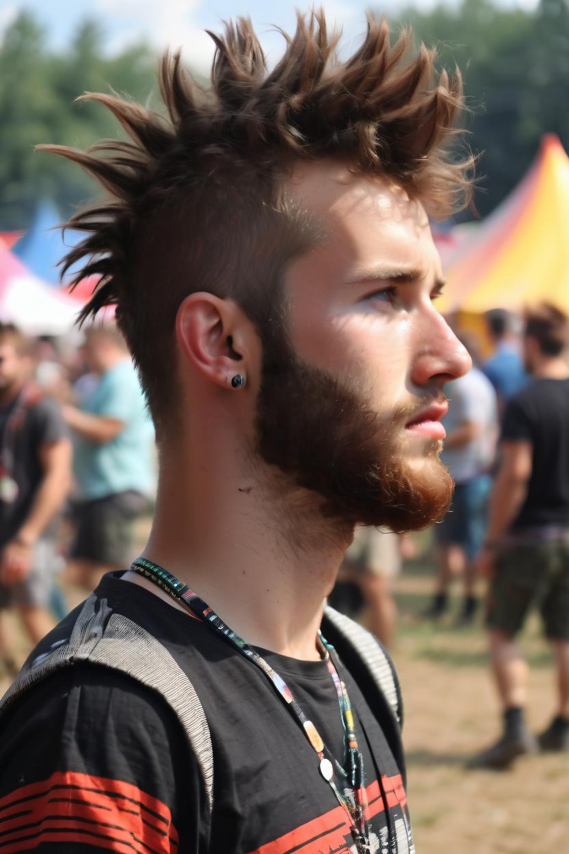 Artificial Intelligence (AI) generated image art, ..., with a mohawk, at a music festival, stunning photograph