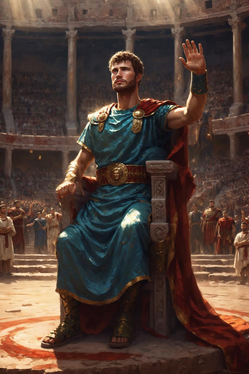 Artificial Intelligence (AI) generated image art, ..., as roman emperor, art by greg rutkowski, in the emperor throne in colosseum, waving to the crowd, stunning artwork, beautiful light