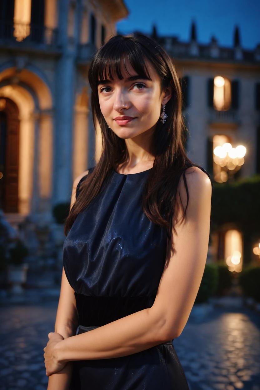 Artificial Intelligence (AI) generated image art, ..., portrait, black hair with bangs hairstyle, in elegant gala dress, italian mansion behind, at night, stunning photograph