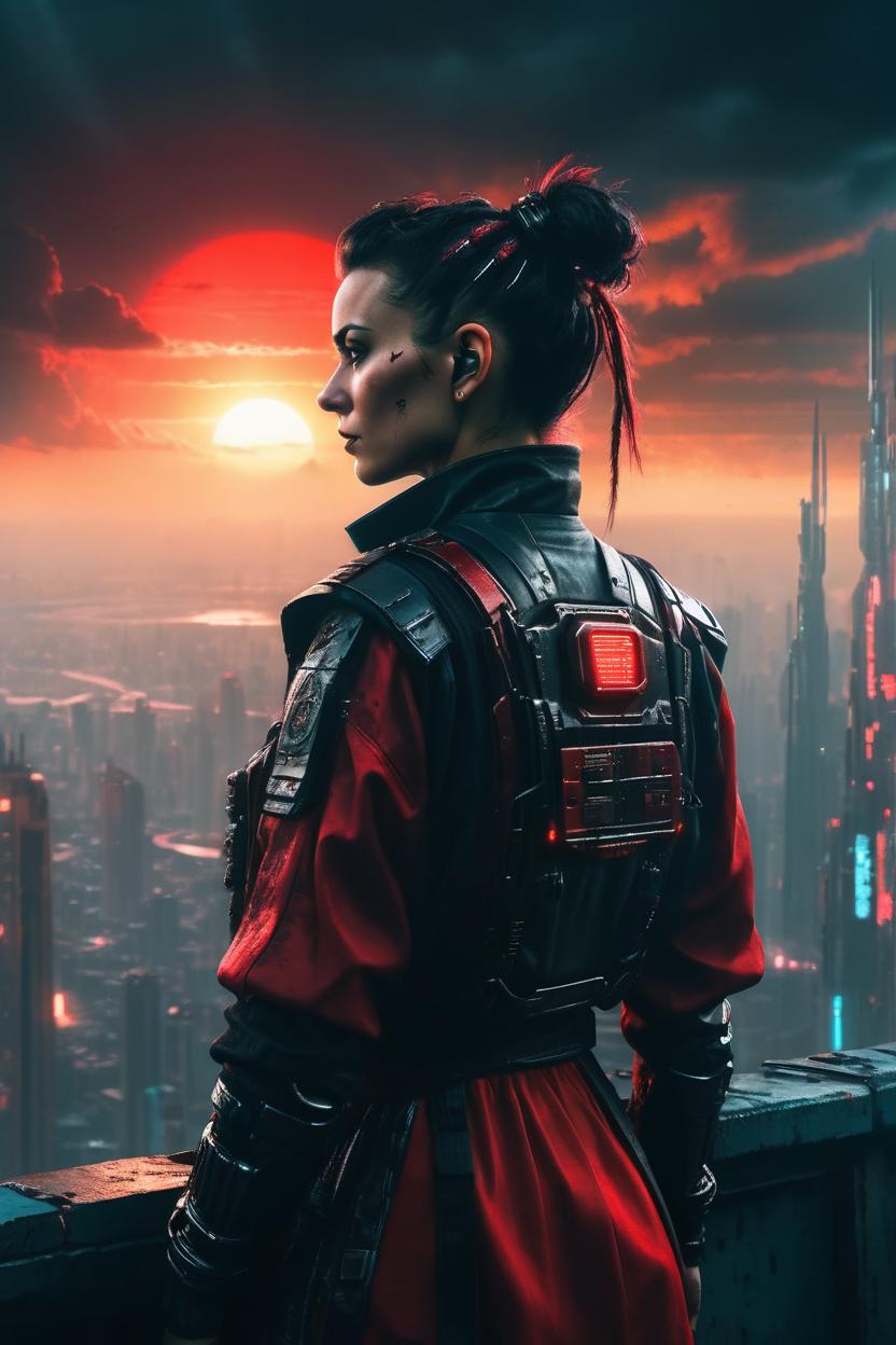 Artificial Intelligence (AI) generated image art, ...,looking at a ((cyberpunk megacity built on a cloud)) in the distance, epic, cinematic lighting, side portrait, sci-fi detective clothes, cinematic lighting, from behind, red sun