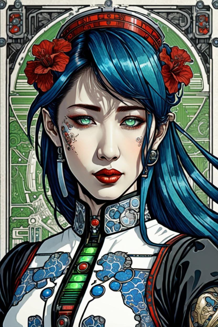 Artificial Intelligence (AI) generated image art, (*...*), portrait, artwork by Ivan Bilibin, Art Nouveau, tarot, cyberpunk, red and black android, cyborg, robotic, with blue hair, green eyes, white irises, full body