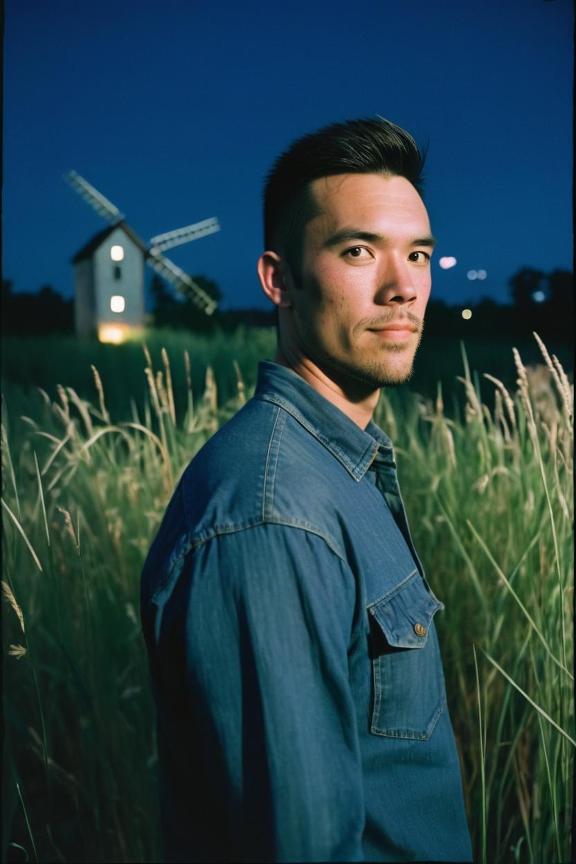 Artificial Intelligence (AI) generated image art, (portrait of ...) in a tall grass, old mill in the background, cinematic, (blue hour), Kodak Portra 800 film SMC Takumar 35mm f/ 2. 8 c 50, detailed face