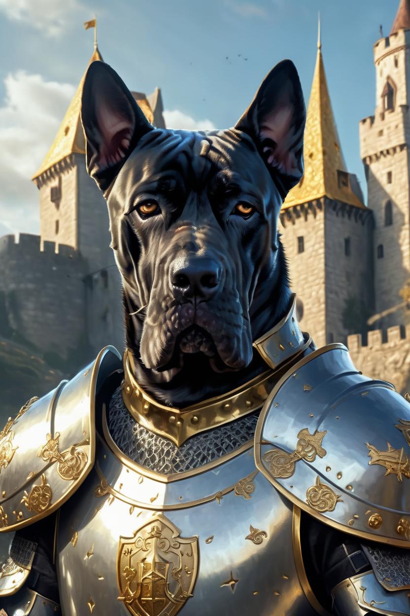 Artificial Intelligence (AI) generated image art, ..., ((portrait)), close-up, fantasy knight, ((in armor with golden symbols)), (castle in background), art by Greg Rutkowski, highly detailed, sharp focus,