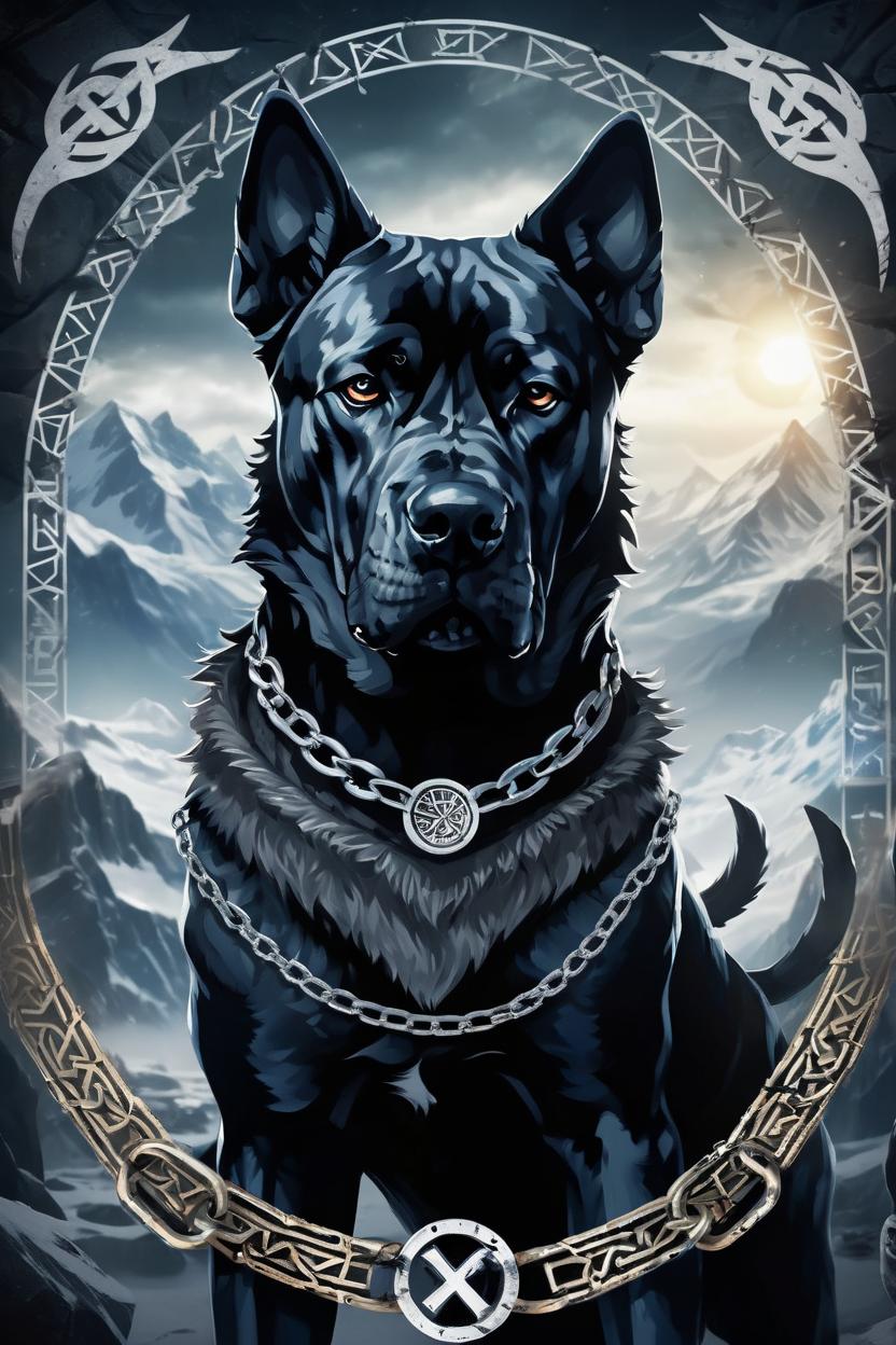 Artificial Intelligence (AI) generated image art, ..., as fenrir, nordic background, chains, runes