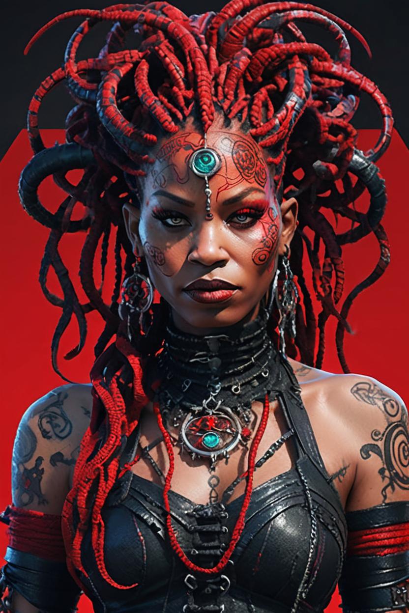 Artificial Intelligence (AI) generated image art, ..., An intricately decorated Gothic Gargon Medusa representing a fusion of Cybergothic, Midwestern Gothic, Nu-Gothic and Suburban Gothic styles. Her body is covered in red threads, organic body art, and a mixture of dark, mysterious influences. This vibrant image of Jinx is a hyper-realistic digital painting that showcases every detail of her meticulously crafted and darkly enchanting appearance. The quality of the work is exceptional, with vibrant colors, intricate textures and immersive atmosphere creating a sense of the eerie yet alluring world of this unique character.