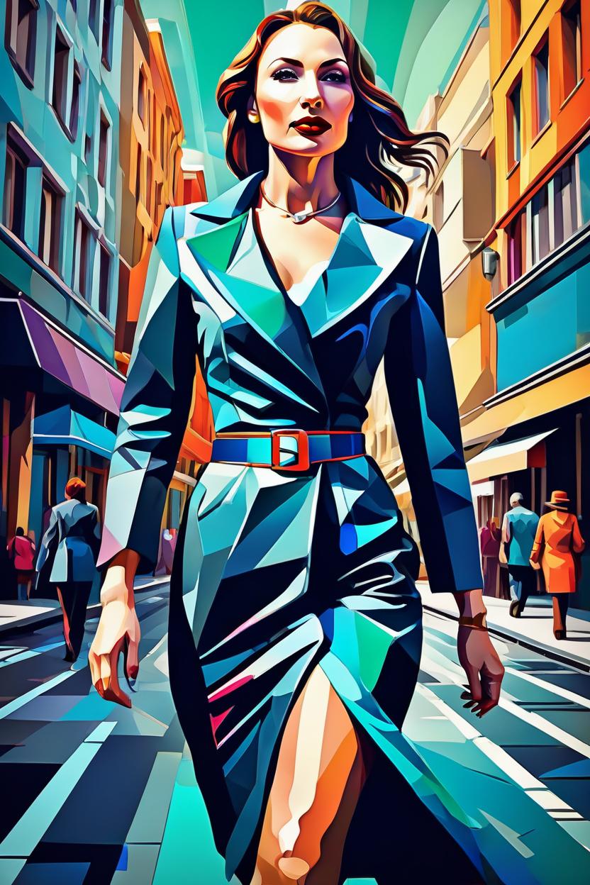 Artificial Intelligence (AI) generated image art, (...) portrait, editorial illustration beautiful woman walking in the street, modern art deco, colorful, christopher balaskas, victor ngai, rich grainy texture, detailed, dynamic composition, wide angle, moebius, matte print\\\\\\\\\\\\\\\\\\\\\\\\\\\\\\\"