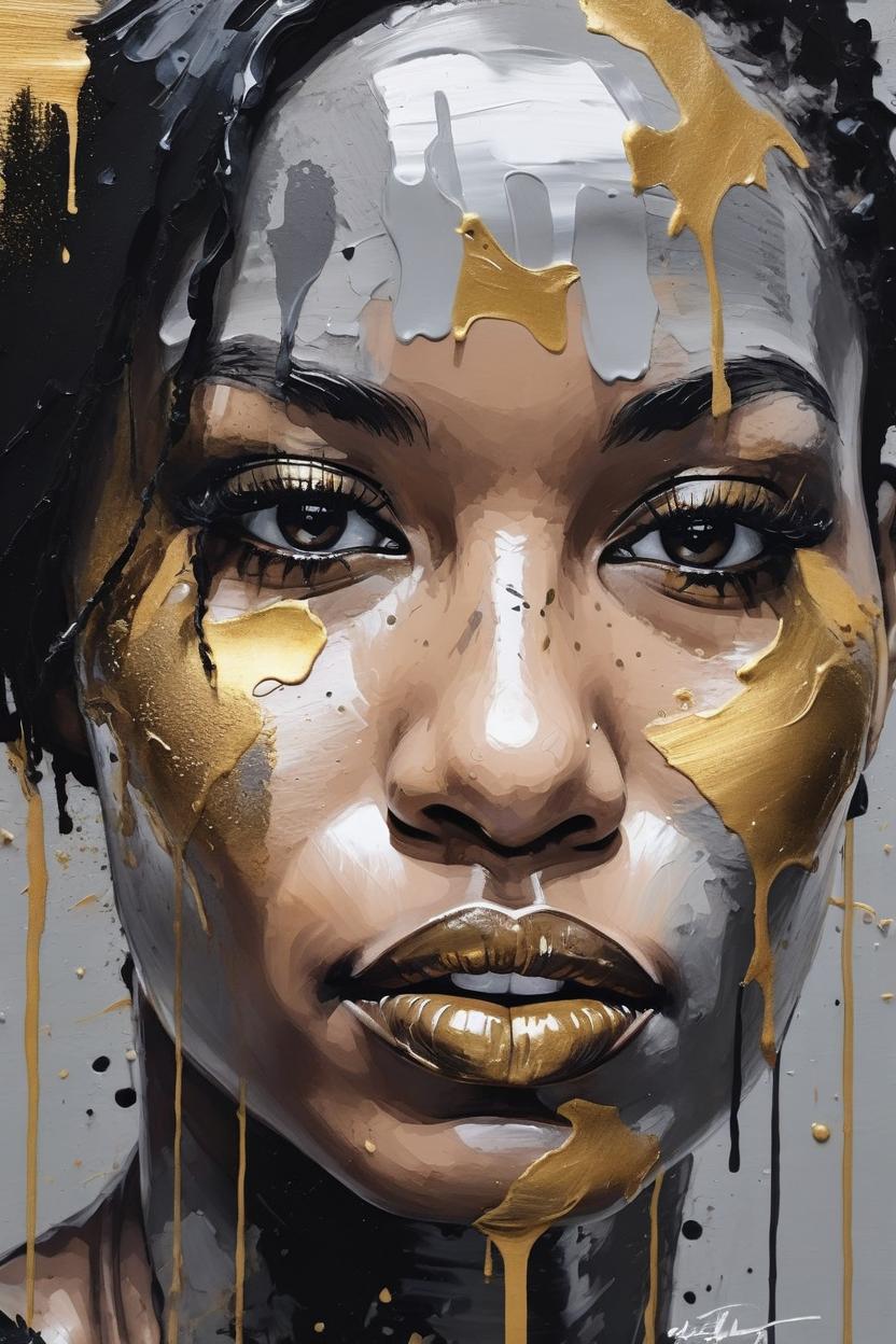 Artificial Intelligence (AI) generated image art, ..., Close up portrait, impasto technique, low angle, detailed eyes, detailed lips, gray gold and black accents, dripping paint, illustration, painting, poster, impressionist, visible brush strokes, splashes, dynamic, sultry lips, seductive expression, painterly aesthetic