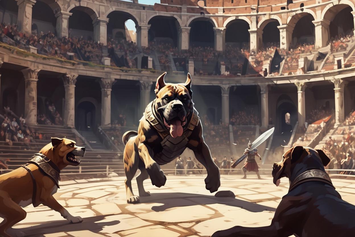 Artificial Intelligence (AI) generated image art, ..., fighting in the colosseum, dnd artstyle, ferocious, angry, gladiator, sunny, people in background