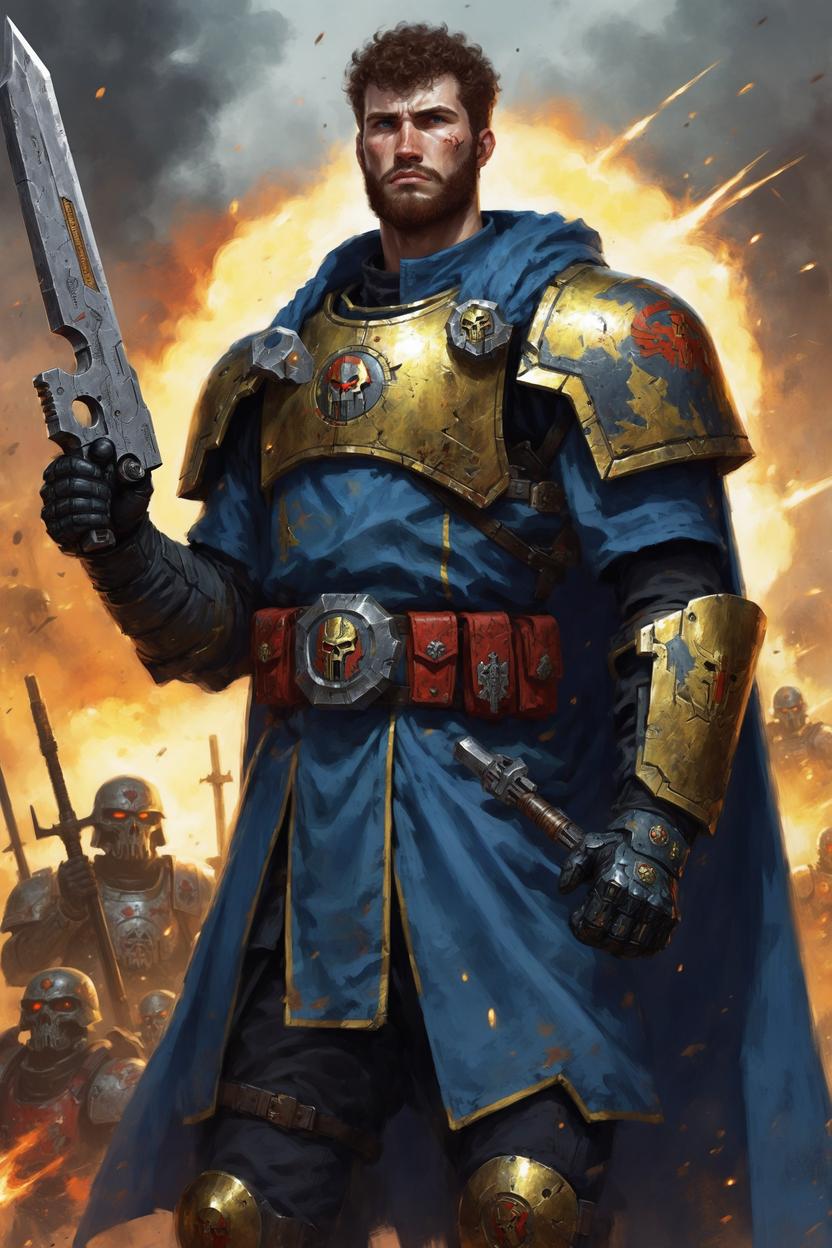 Artificial Intelligence (AI) generated image art, ..., as Ciaphas Cain, Hero of the Imperium, Seen here with his trusty bolt pistol, art by Artur Nakhodkin, by Sandy Mitchell, Warhammer 40K artwork