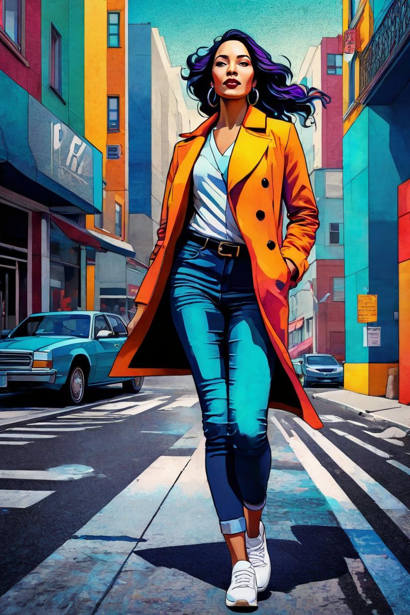 Artificial Intelligence (AI) generated image art, (...) portrait, editorial illustration beautiful woman walking in the street, modern art deco, colorful, christopher balaskas, victor ngai, rich grainy texture, detailed, dynamic composition, wide angle, moebius, matte print\\\\\\\\\\\\\\\\\\\\\\\\\\\\\\\"