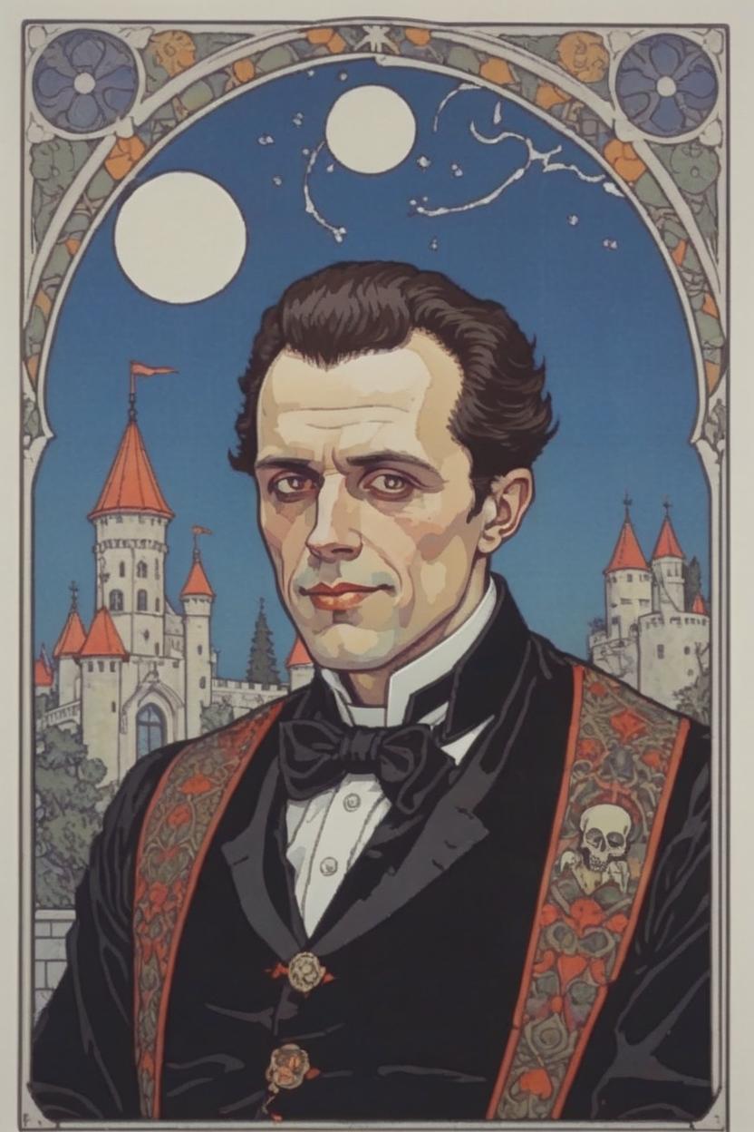 Artificial Intelligence (AI) generated image art, (...), portrait, artwork by Ivan Bilibin, Art Nouveau, tarot card, god, death, castle in background, as a vampire