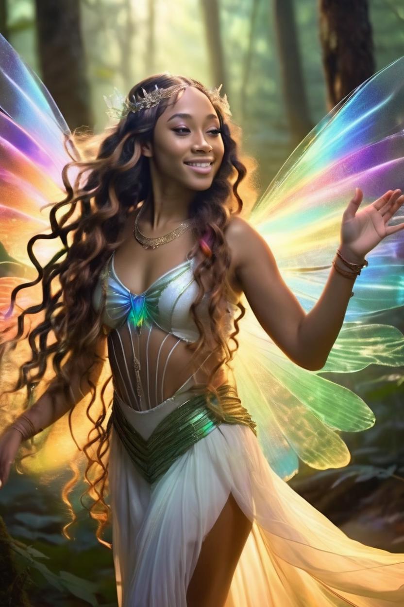 Artificial Intelligence (AI) generated image art, ..., illustration, as a fairy queen, with beautiful colorful gossamer wings, tan smooth skin, long wavy and lusterous hair flowing out around her, backlit to cause a halo around her, smaller fairys and sprites dance behind her a mysterious forest in the background