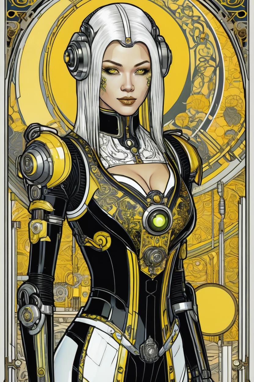 Artificial Intelligence (AI) generated image art, (*...*), portrait, artwork by Ivan Bilibin, Art Nouveau, tarot, cyberpunk, yellow and black android, cyborg, robotic, with white hair, white eyes, white irises, full body