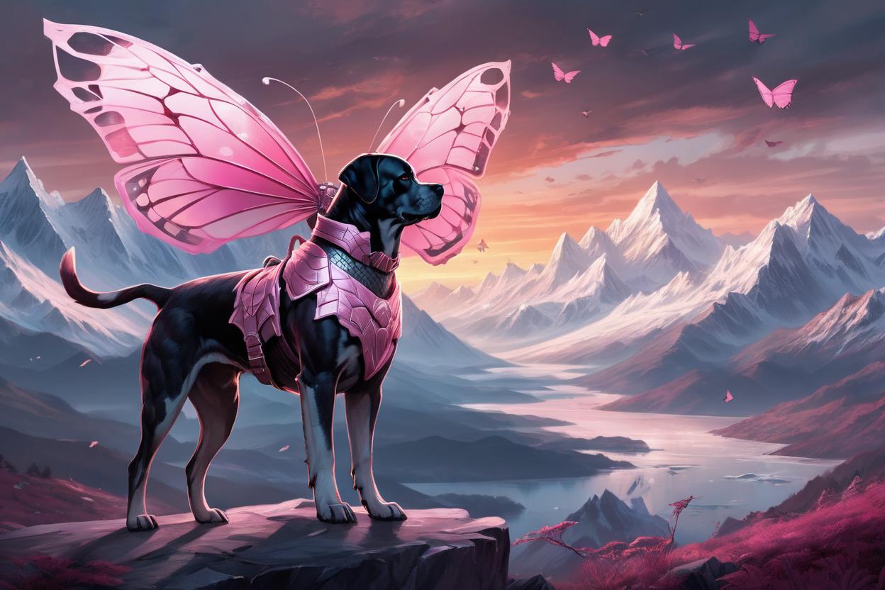 Artificial Intelligence (AI) generated image art, ..., (pink butterfly wings armour) , (pink and grey sunset), icy mountains in background, by charlie bowater and zeen chin and terada katsuya, epic scene, epic light, fractals background, intricate detailed, fine details, artstation, masterpiece