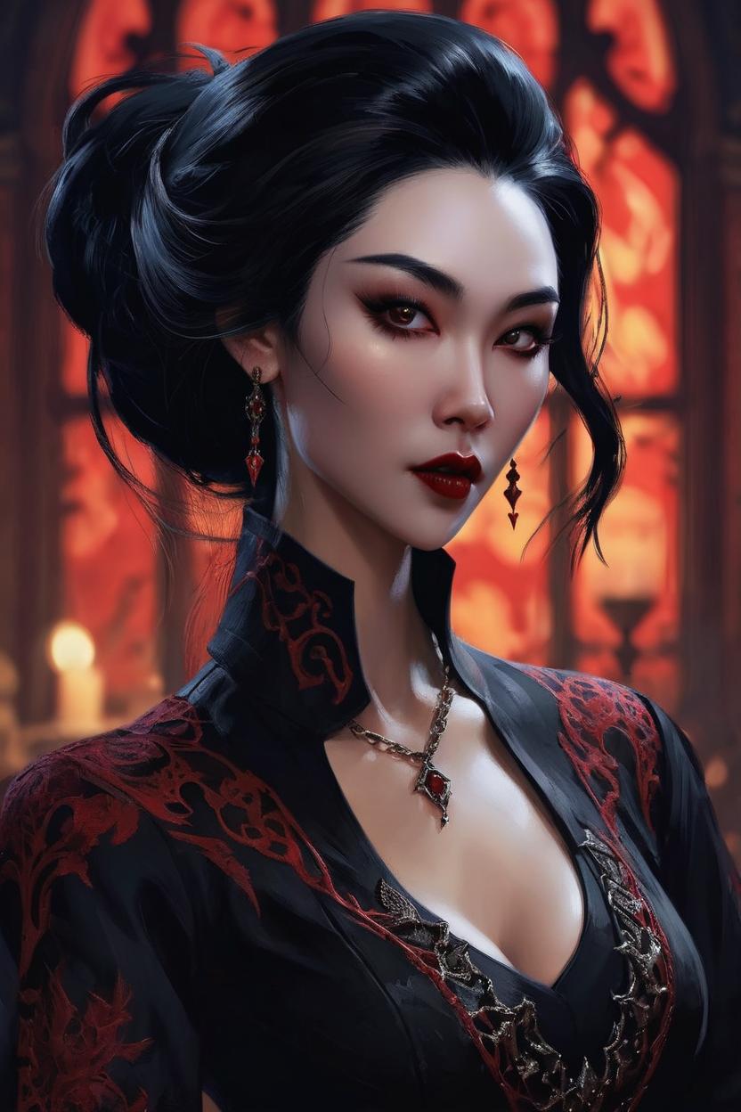 Artificial Intelligence (AI) generated image art, painted portrait of ... as a beautiful vampiric temptress, black hair, upper body, intricate, elegant, highly detailed, digital painting, artstation, concept art, smooth, sharp focus, illustration, art by gaston bussiere and magali villeneuve