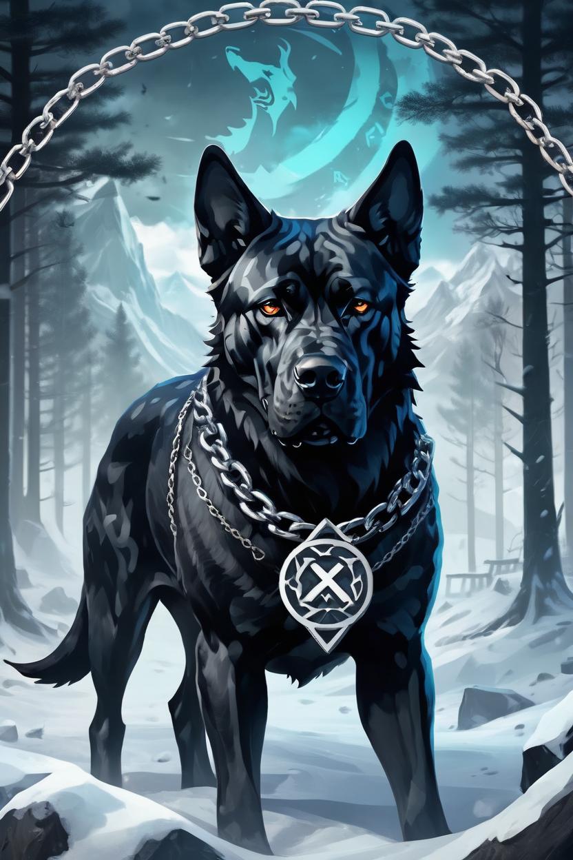 Artificial Intelligence (AI) generated image art, ..., as fenrir, nordic background, chains, runes