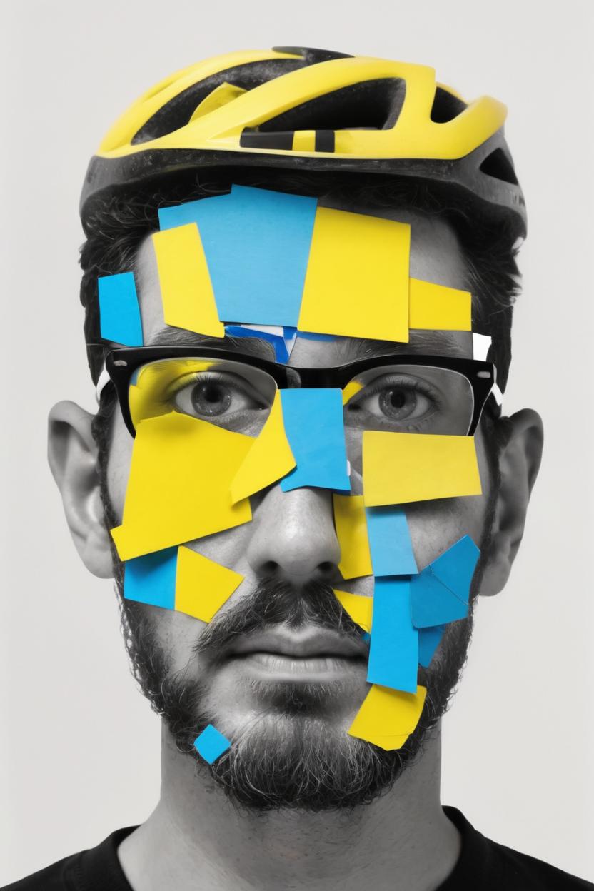 Artificial Intelligence (AI) generated image art, ((..., dada portrait, as age 25, art by Lubaina Himid, cut up portrait, black and white photo)), yellow and blue accent colours, cycling, mountain bike, texture, found objects, Objet Trouvé