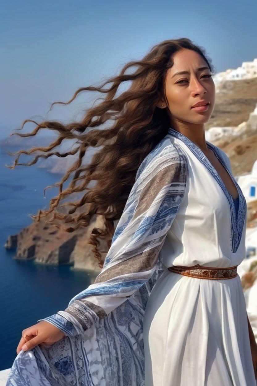 Artificial Intelligence (AI) generated image art, ..., a beautiful  woman with very long flowing hair. looking off to the side. elegant clothing  that is flowing in the wind. No patterns on the clothing. elegant   Standing on a cliff. In Santorini. Portrait. Realistic portrait. fine detail