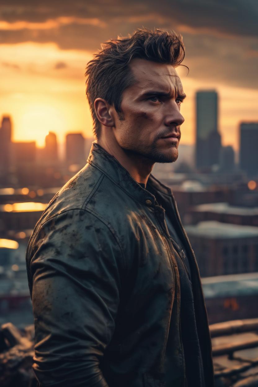 Artificial Intelligence (AI) generated image art, as a model, rugged, portrait looking away, city background, epic, cinematic lighting, sunset, 4k, sharp focus, art by greg rutkowski