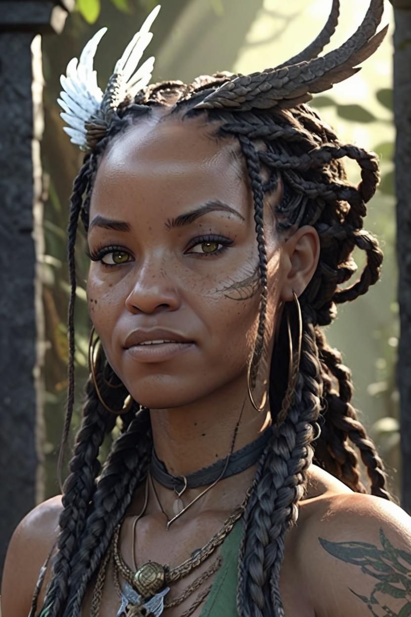 Artificial Intelligence (AI) generated image art, ..., character concept art of an african - american anime dryad | | cute - fine - face, angel wings on back, extremely detailed shading, dark gate, long braids, brandon mays, light beard, dragon scales across hairline, hd greg rutkowski, miami vice, loin cloth
