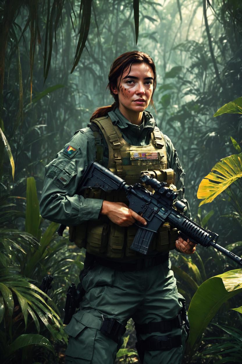 Artificial Intelligence (AI) generated image art, ..., as special operations soldier, epic art by greg rutkowski, in jungle