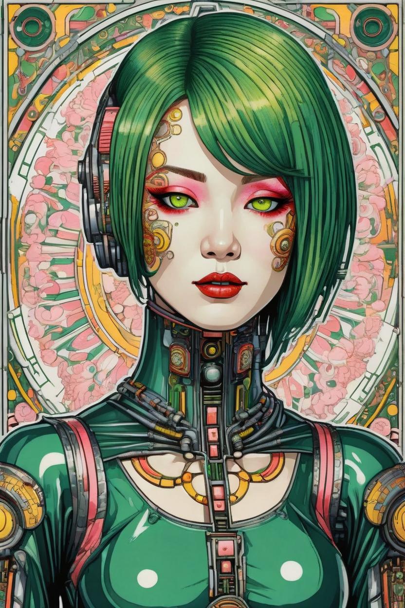 Artificial Intelligence (AI) generated image art, (*...*), portrait, artwork by Ivan Bilibin, Art Nouveau, tarot, cyberpunk, red and yellow android, cyborg, robotic, with pink hair, white eyes, green irises, full body