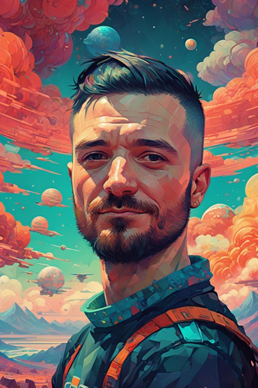 Artificial Intelligence (AI) generated image art, adorably cute (...), buzz cut, portrait by Victo Ngai, Kilian Eng vibrant colors, winning-award masterpiece, fantastically gaudy, aestheticly inspired by beksinski and dan mumford, 4K upscale with Simon Stalenhag work, sitting on the cosmic cloudscape