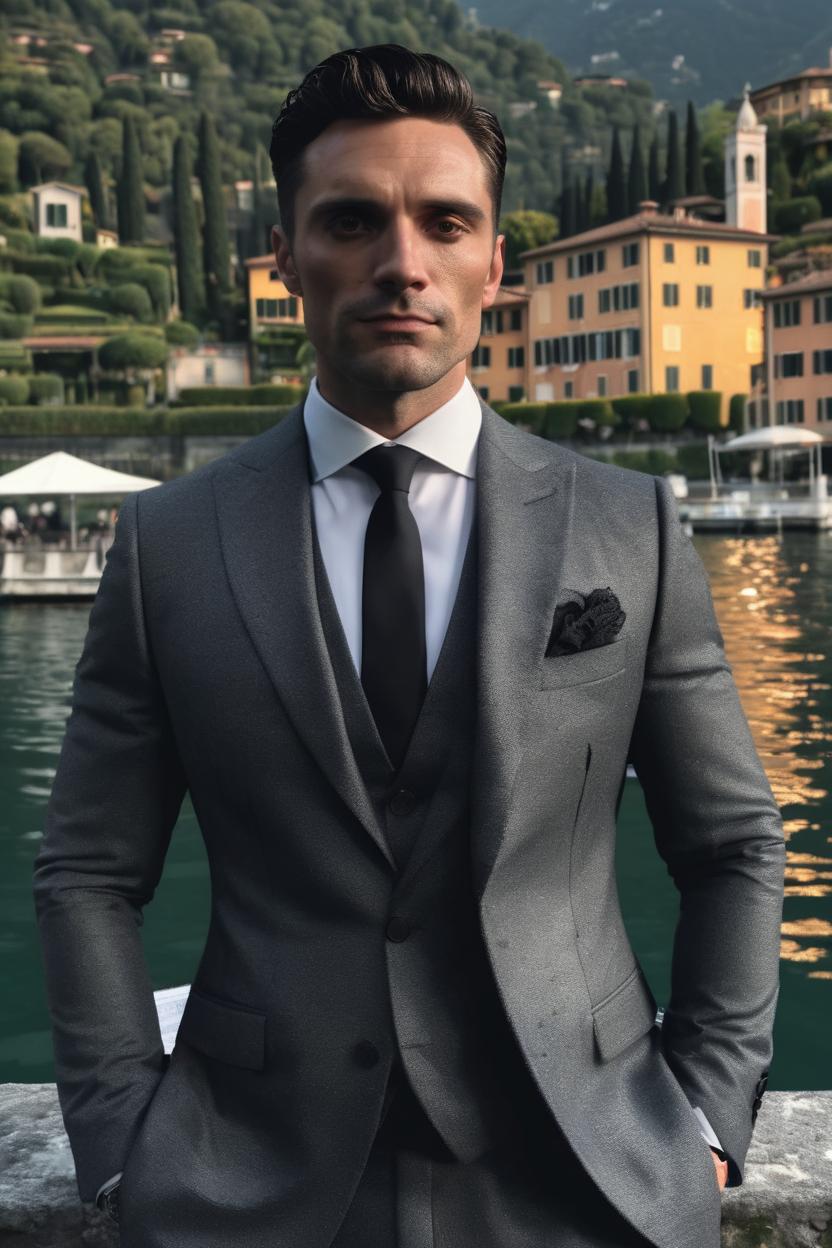 Artificial Intelligence (AI) generated image art, ... old money aesthetic, in dark grey suit at Lake Como, cinematic lighting, highly detailed, 8K