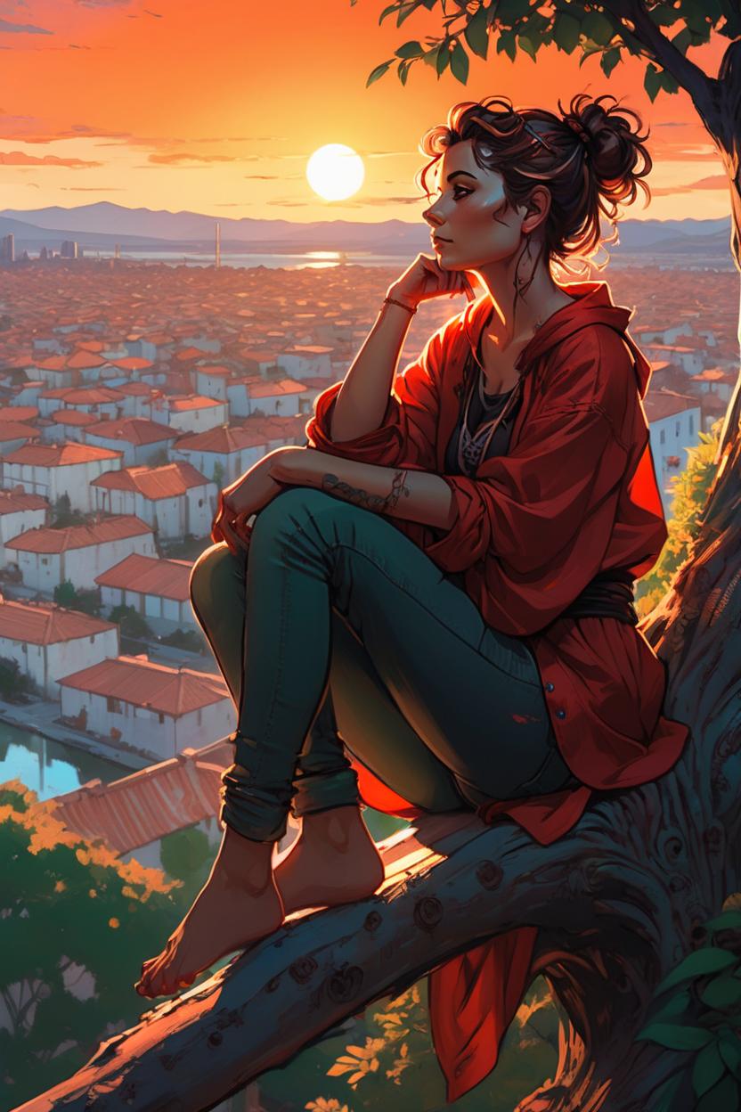 Artificial Intelligence (AI) generated image art, ..., sitting in a tree looking out at the sunset, alphonse mucha and alena aenami, sitting in a forsst, stunning art style, watching the sun set, anime, watching sunset, sits on a rooftop, style of charlie bowater, laurie greasley and james jean, red hues, charlie bowater art style, beautiful comic art