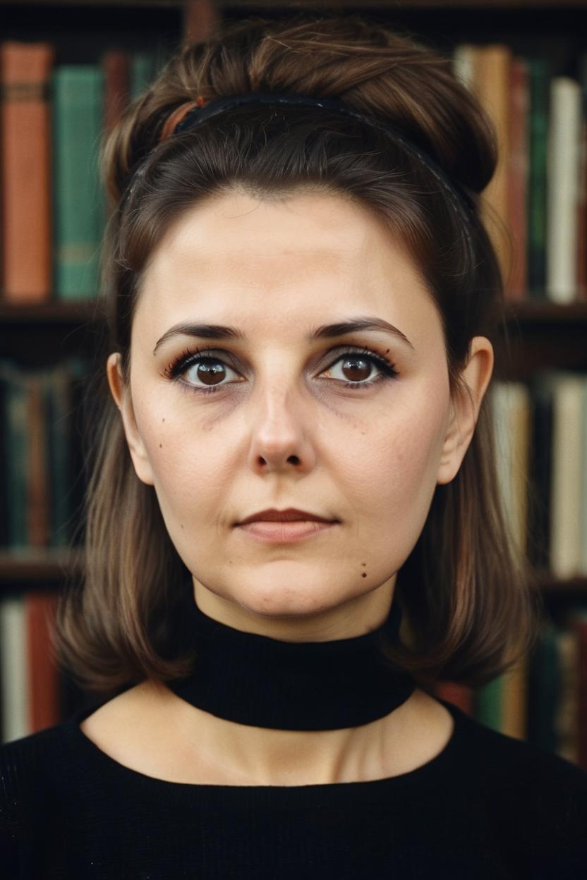 Artificial Intelligence (AI) generated image art, ..., realistic portrait, woman with brown hair, ((film photography)), ((1960s eyeliner)), ((black turtleneck)), ((library background)), beatnik, 1960s