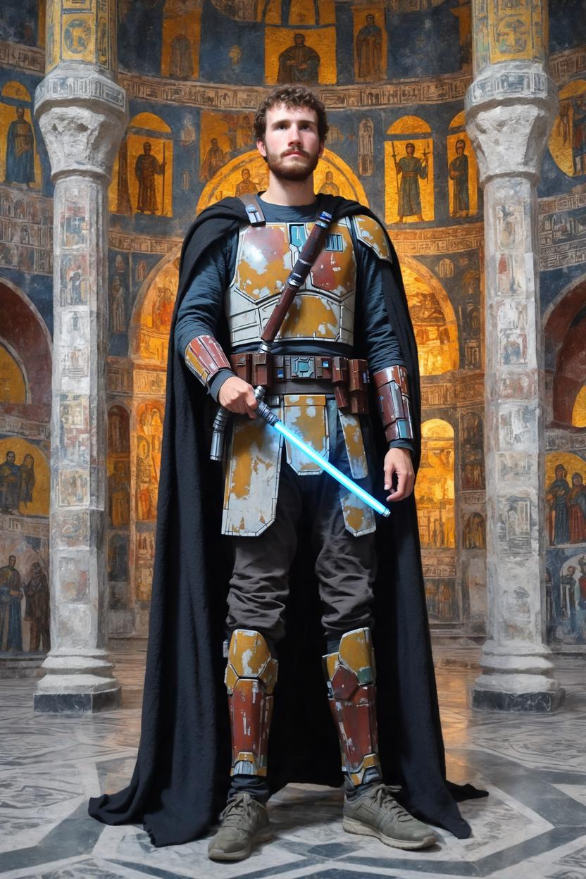 Artificial Intelligence (AI) generated image art, ..., mozaic, Star Wars Art, portrait, The Mandalorian, lightsaber, from Virgin and Child in the apse of Hagia Sophia