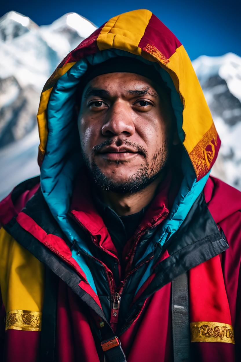 Artificial Intelligence (AI) generated image art, ..., portrait, ((vibrant colors)), (((film grain))), on Mount Everest in a Gryffindor cloak, photorealistic, 4k ultra-realistic, photographed on Nikon D850qq,Q highlighting the 45.7MP resolution and its spectacular 153-point autofocus system