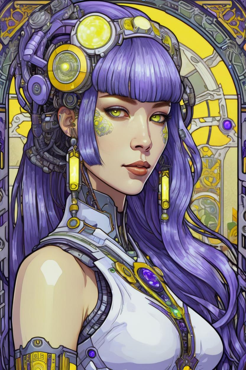 Artificial Intelligence (AI) generated image art, (*...*), portrait, artwork by Ivan Bilibin, Art Nouveau, tarot, cyberpunk, lilac and grey android, cyborg, robotic, with violet hair, white eyes, yellow irises, full body