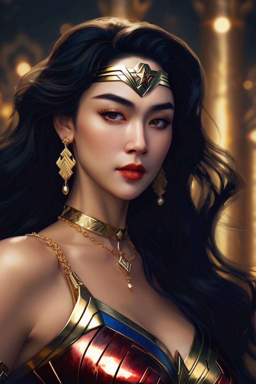 Artificial Intelligence (AI) generated image art, ..., as wonder woman, ((portrait)), elegant, photorealistic, highly detailed, artstation, smooth, gold ornaments, smooth lighting, sci-fi, art by Klimt