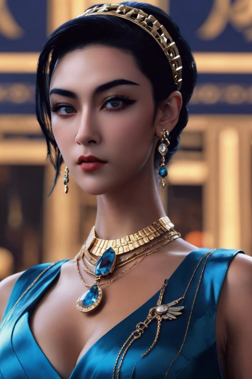 Artificial Intelligence (AI) generated image art, ..., Intense close-up of a young and fresh, Egyptian queen cleopatra , dressed in an elegant dress with jewelry, determination and grit in sharp focus, eyes blazing with determination. Serenity, Determination, Survival, George Miller Style.