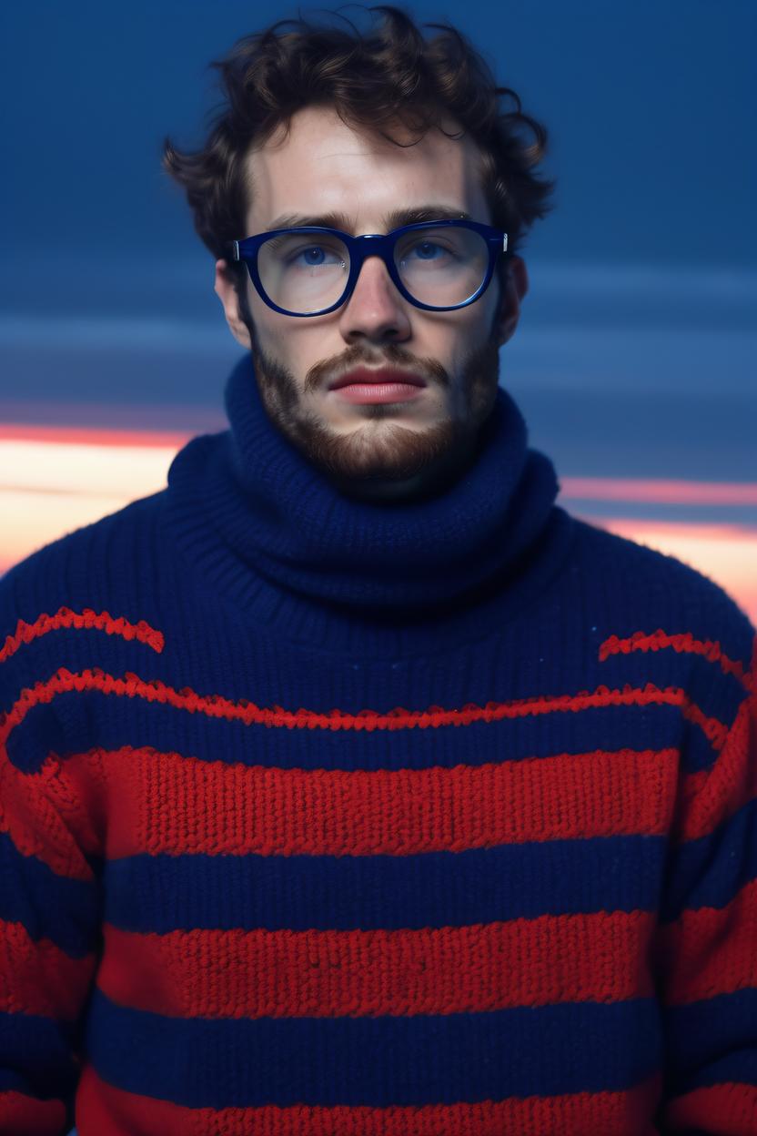 Artificial Intelligence (AI) generated image art, ..., Wearing thick-rimmed glasses in deep blue, Tom Ford Bold Statement, striking, fashionable, unique with a bright red wool sweater, capturing breathtaking landscapes with a vintage camera in the icy, serene expanse of the Arctic, during the mystical, quiet twilight. Extremely detailed photograph, stunning quality, beautiful lighting, creating a masterpiece, award-winning photograph
