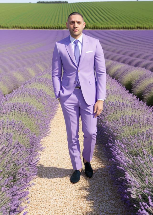 Artificial Intelligence (AI) generated image art, ..., full body, portrait,  in the Lavender Field, Valensole, Shot on Hasselblad H6D-400c lens, copy Sisley Spring  Summer 2014 campaign session, ultra high definition, ultra-realism, ultra realistic, young, handsome, gentleman