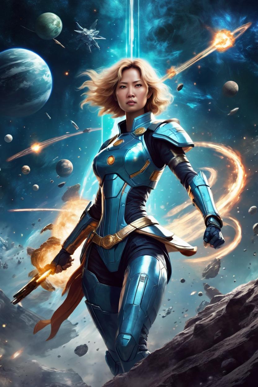 Artificial Intelligence (AI) generated image art, ... as astrological goddess, fighting in galactical wars, artistic illustration, majestic figure, sci-fi movies, anime style