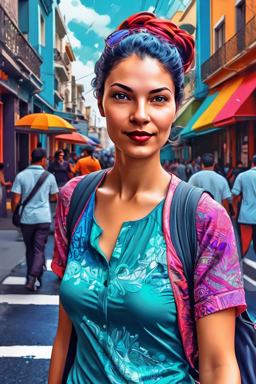 Artificial Intelligence (AI) generated image art, (...) portrait, editorial illustration beautiful woman walking in the street, modern art deco, colorful, christopher balaskas, victor ngai, rich grainy texture, detailed, dynamic composition, wide angle, moebius, matte print\\\\\\\\\\\\\\\\\\\\\\\\\\\\\\\"