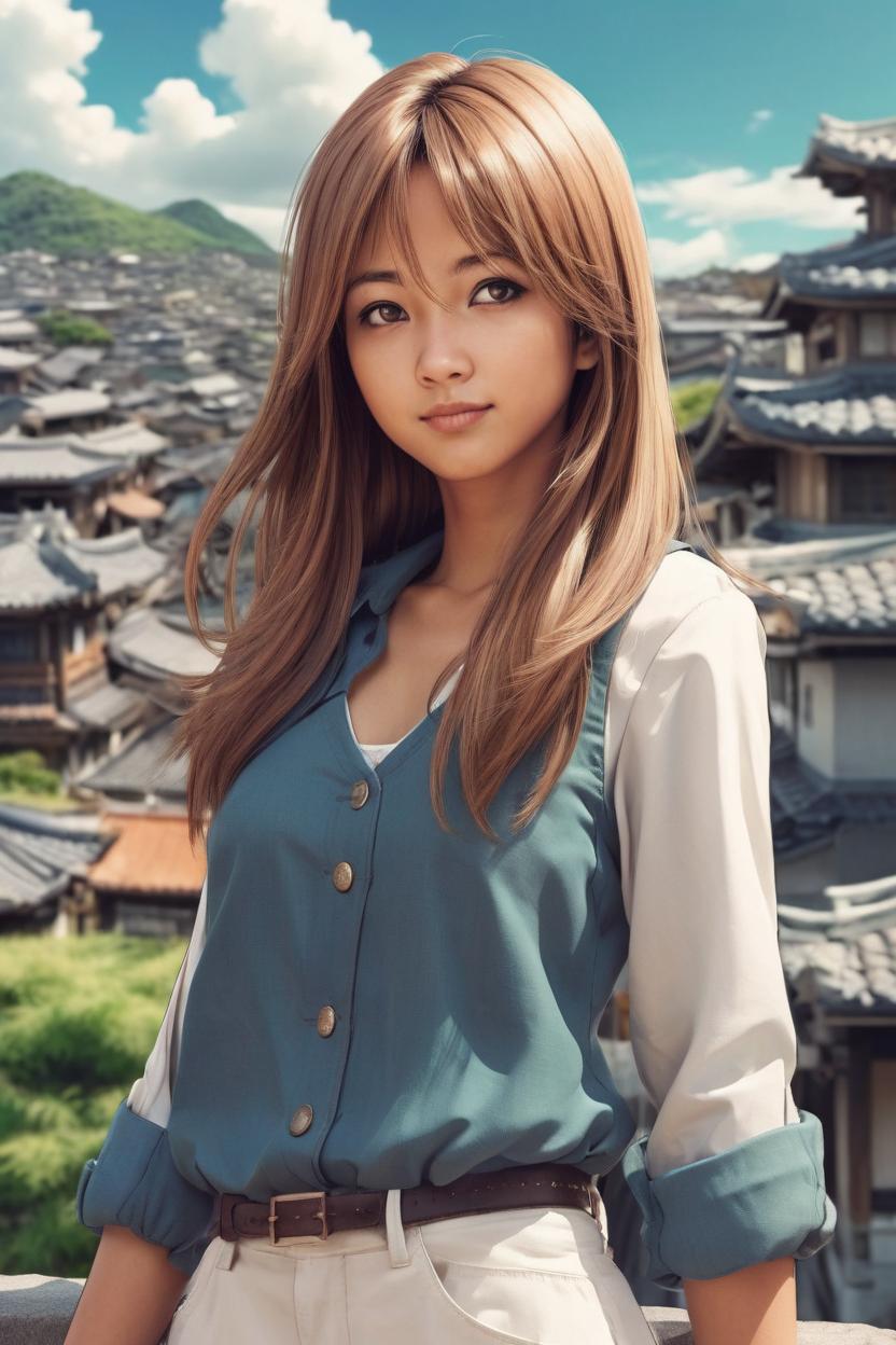 Artificial Intelligence (AI) generated image art, (*...*), Beautiful well-formed female, tan skin, (Kentaro Miura manga book style), illustration, manga artstyle, portrait and torso, fantasy, landscape, city background, long hair, hair with bangs, dark brown eyes