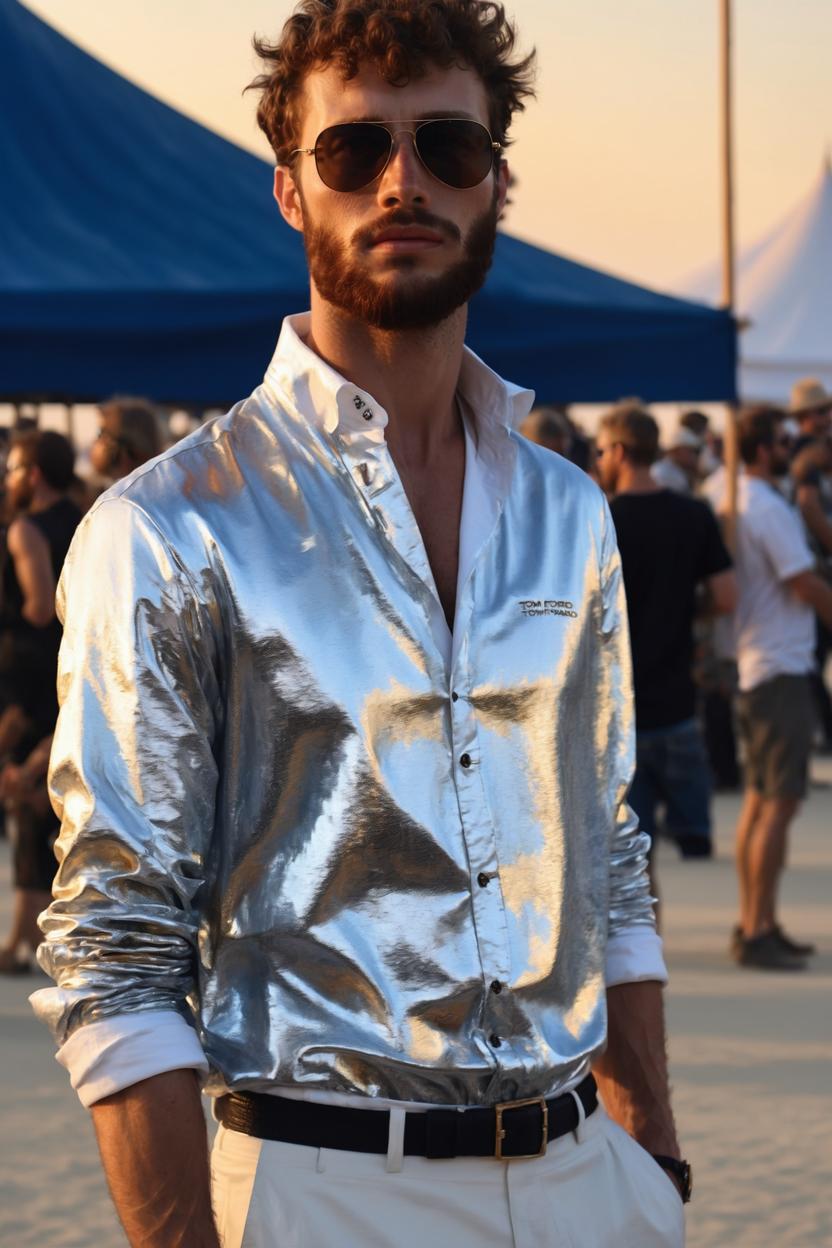 Artificial Intelligence (AI) generated image art, ((...)), wearing Tom Ford clothing, SPRING 2020 MENSWEAR, of masculine style and linear modernity, casual pose, at burning man festival, Extremely detailed photograph, stunning quality, beautiful lighting, creating a masterpiece, award-winning photograph.