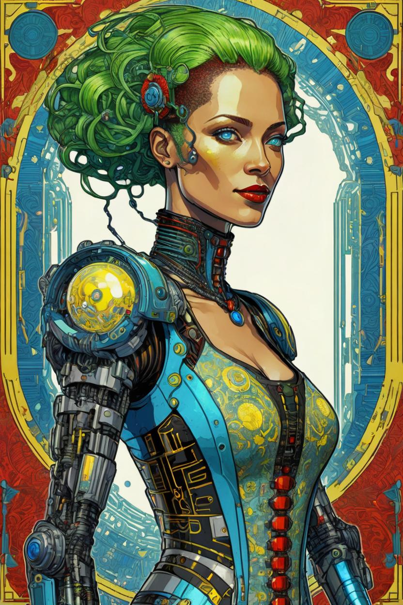 Artificial Intelligence (AI) generated image art, (*...*), portrait, artwork by Ivan Bilibin, Art Nouveau, tarot, cyberpunk, yellow and red android, cyborg, robotic, with green hair, blue eyes, white irises, full body