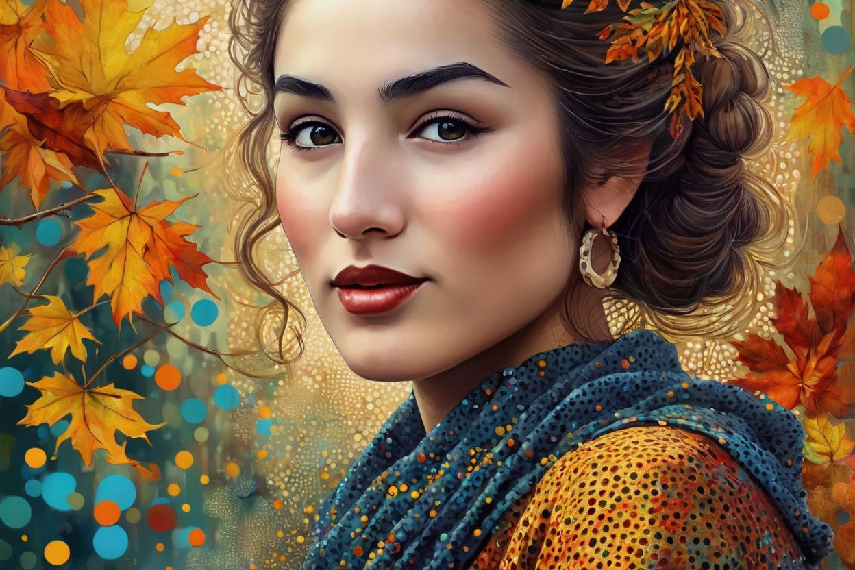 Artificial Intelligence (AI) generated image art, ..., fall inspired art, digital painting, in the style of sophie wilkins, irene sheri, naoto hattori, pointillist artworks, chic illustrations, lush brushstrokes, 1970s