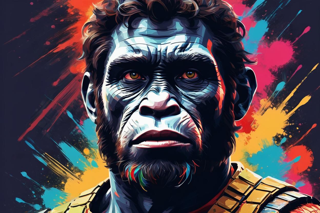Artificial Intelligence (AI) generated image art, ..., as Malcolm from planet of the apes, Inspired by the iconic leader of the apes With intricate brushstrokes and vivid colors, this digital artwork