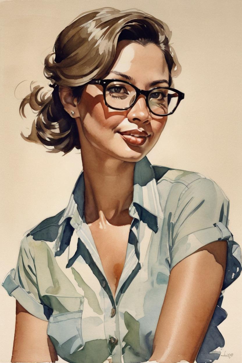 Artificial Intelligence (AI) generated image art, Watercolor painting of ... by J.C. Leyendecker, upper body, tan skin, glasses, wearing an unbottoned shirt, fashionable, brunette, 1950s