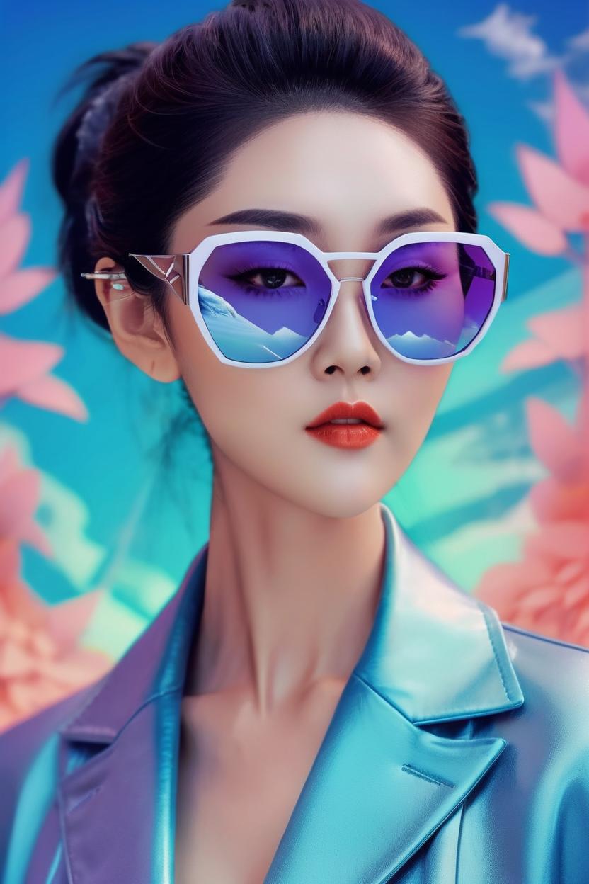 Artificial Intelligence (AI) generated image art, ..., pastel colored paper art illustration, forward facing fashion portrait of beautiful woman wearin futuristic sunglasses by Zhang Jingna with amazing background, ultra sharp, detailed, 8k, anime, artistic, rgb, platinum