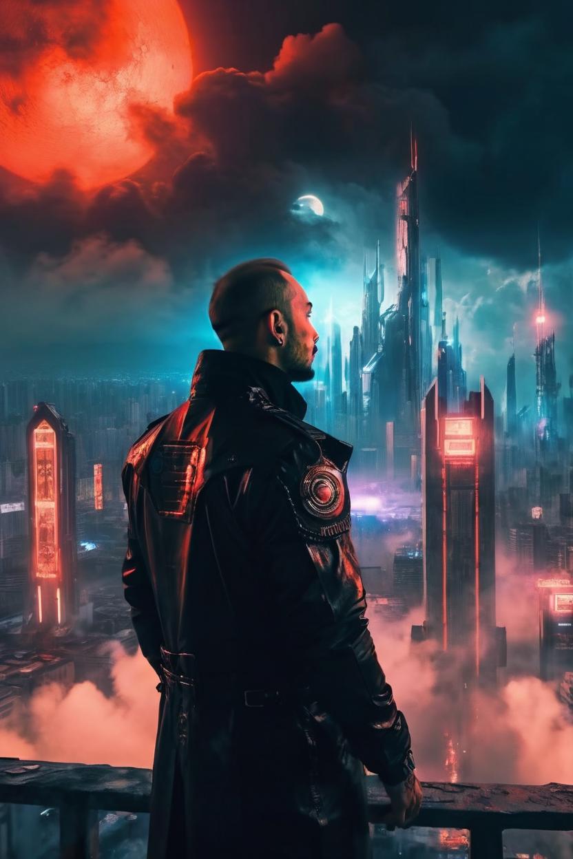 Artificial Intelligence (AI) generated image art, ...,looking at a ((cyberpunk megacity built on a cloud)) in the distance, epic, cinematic lighting, portrait, scifi detective colthes, cinematic lighting, red sun